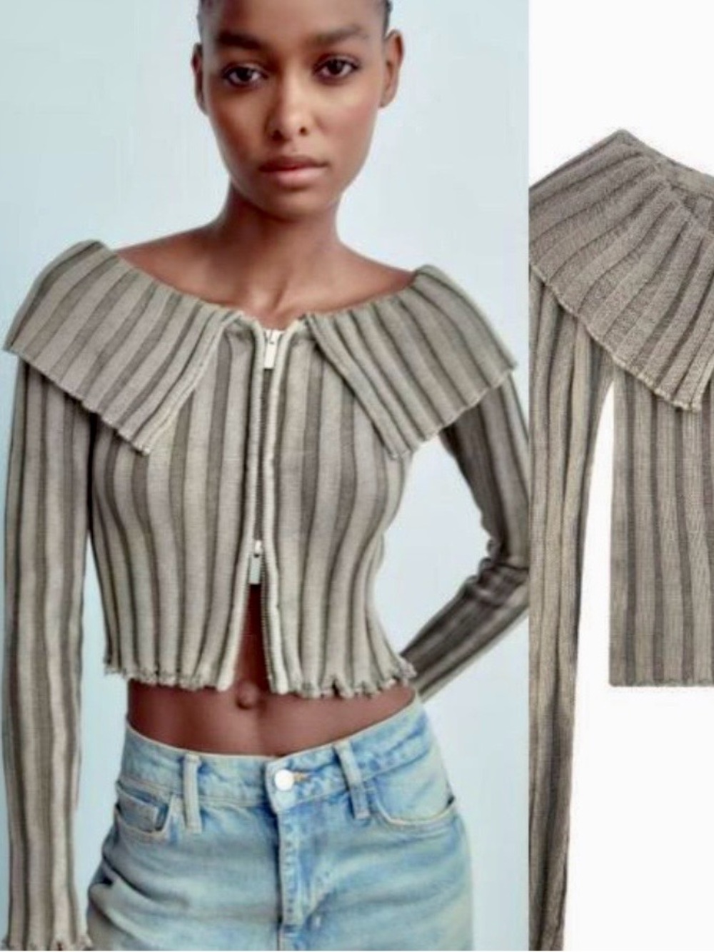 Zara Sz M Olive Green Khaki Ribbed Knit Double-Zip Cropped Cardigan Top 3433/110
